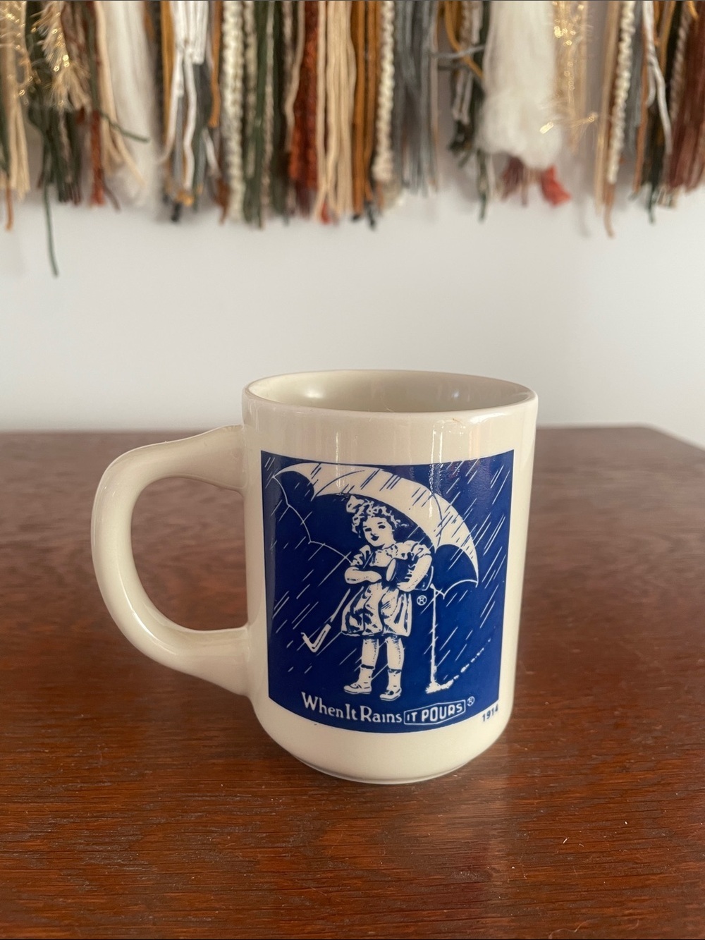 Vintage Morton salt mug with umbrella girl  - When It Rains It Pours